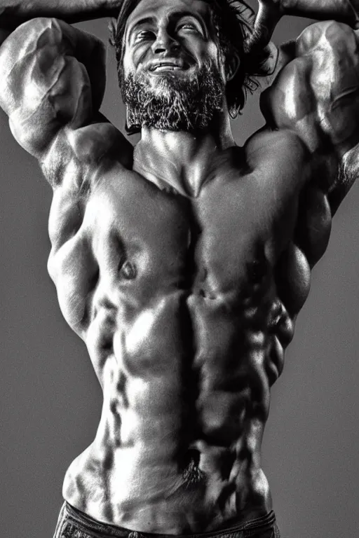 Prompt: Jesus Christ is a jacked muscle builder gigachad, grayscale photography