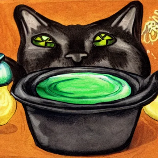 Image similar to black cat making potion, detailed, clean, realistic