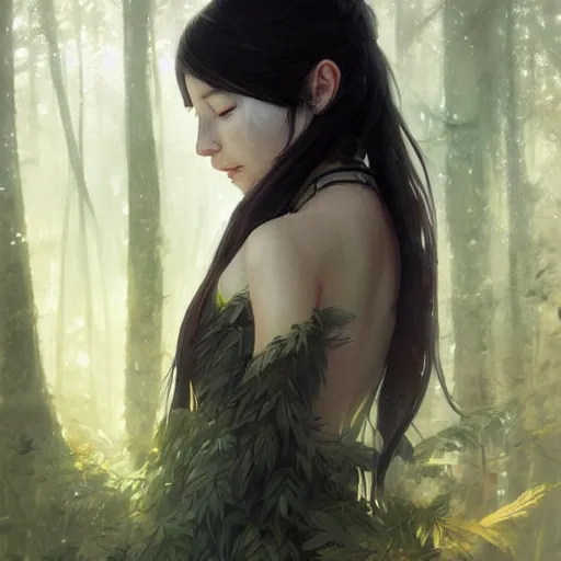 Image similar to a beautiful young woman with long black hair, forest background, sharp focus, intricate, digital painting, artstation, highly detailed, ambient lighting, illustration, art by Studio Ghibli and Greg Rutkowski