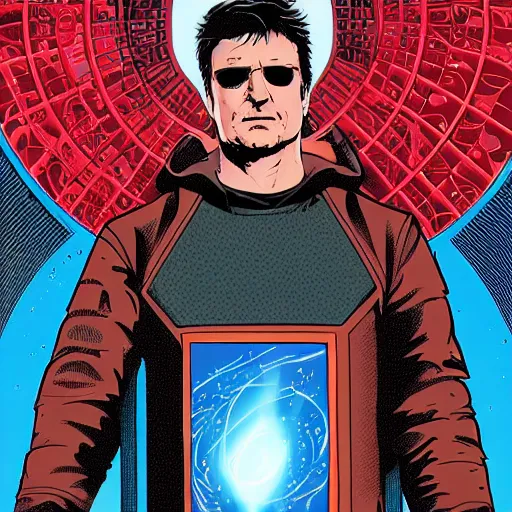 Prompt: Nathan Fillion standing in front of the time-space vortex, in the graphic style of Patrick Gleason, detailed art, trending on Artstation, sharp focus, Beautiful comic art