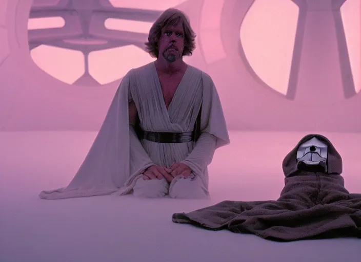 Image similar to Luke skywalker kneels before a strange star wars alien jedi oracle, a mystic with infinite knowledge of time. a strange ethereal foggy pink land. still from the 1983 film space odyssey directed by Stanley Kubrick, symmetrical framing, anamorphic, Photographed with Leica Summilux-M 24 mm lens, kodak stock, ISO 100, f/8, Portra 400