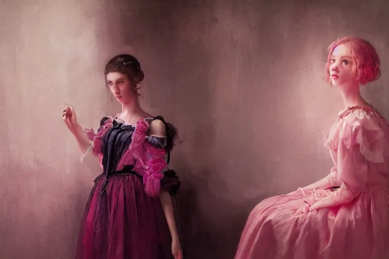 Prompt: A girl in a pink dress in a Gothic atelier, oil painting, detailed, colorful, glowing lighting, 4k, depth of field, in the style of Yanjung Chen and Tom Bagshaw,