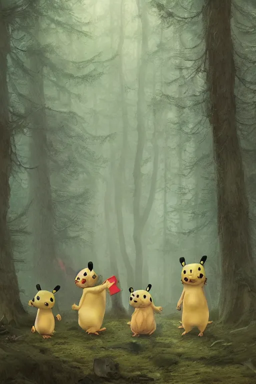 Image similar to A group of Pikachus in the forest, illustrated by Greg Rutkowski and Caspar David Friedrich., Trending on artstation, artstationHD, artstationHQ, 4k, 8k