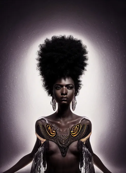 Prompt: a fierce nubile young woman with reflections in her eyes and dark afro hair, wearing a intricate dark shaman costume, clear skin, elegant, graceful, fashionable, swirling dark energy in background, cinematic, hyperdetailed illustration by irakli nadar and alexandre ferra, intricate linework, depth of field, global illumination,