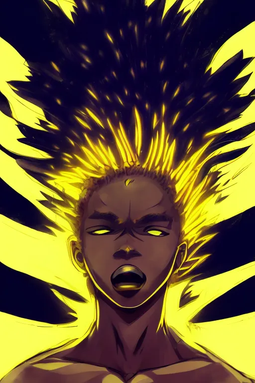 Image similar to glowing black male anime character, golden hair, yellow eyes, symmetrical, highly detailed, digital art, sharp focus, trending on art station, crazy hair, electricity everywhere, anime art style