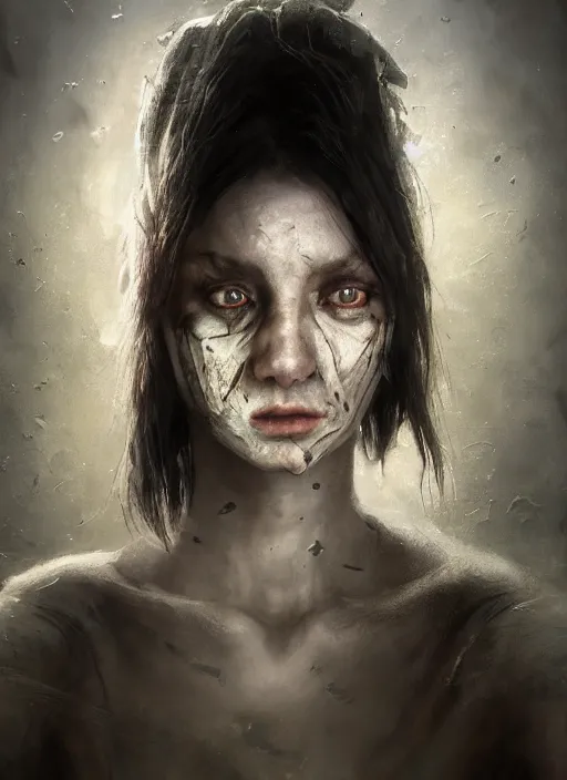 Image similar to portrait of sinister girl with thin evil lips, skeksis, battle worn, bandaged nose, expressive eyes, full body, translucent skin, procedural rendering, greg rutkowski, charlie bowater, yuumei, stephen gammell, unreal 5, daz, hyperrealistic, octane render, rpg portrait, dynamic lighting, fantasy art, beautiful face