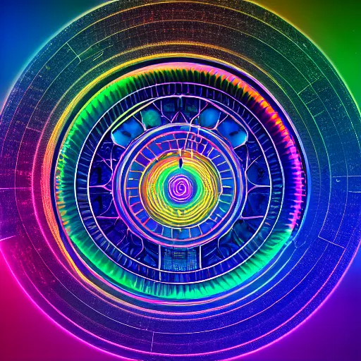 Image similar to still of rainbow ophanim surrounded by large diagonally rotating rings, thrones, mythological, 8 k, octane render, 3 5 mm, amazing details, beautiful composition