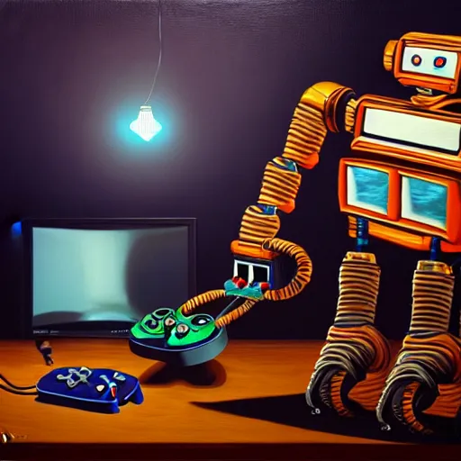 Prompt: an elaborate robot holding a retro game controller in hand, on screen retro video game shown in background, intricate details, hyperrealistic oil painting on canvas, depth field, hd, hdr, 4 k, 8 k,
