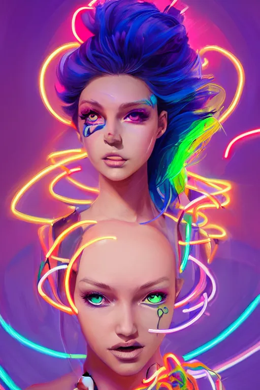 Image similar to a award winning portrait of a beautiful woman with stunning eyes in a one off shoulder croptop and cargo pants with rainbow colored hair, outlined by whirling illuminated neon lines and fine lines swirling in circles by jesper ejsing and rhads and makoto and shinkai and lois van baarle, digital art, trending on artstation