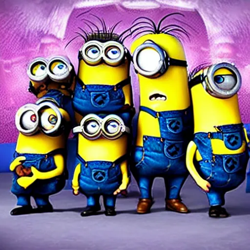 Image similar to minions as a heavy metal band from 8 0 s playing concert on wembley arena together with queen band