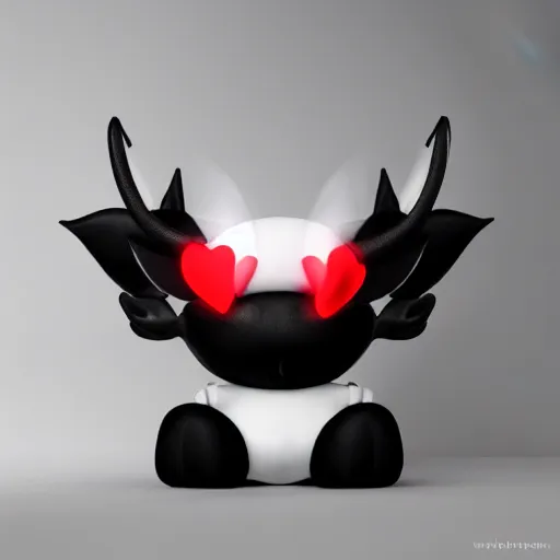 Prompt: cute fumo chibi plush imp, black and white with red hearts, glowing lens flare, distortion, soft shadow, vray, asymmetry