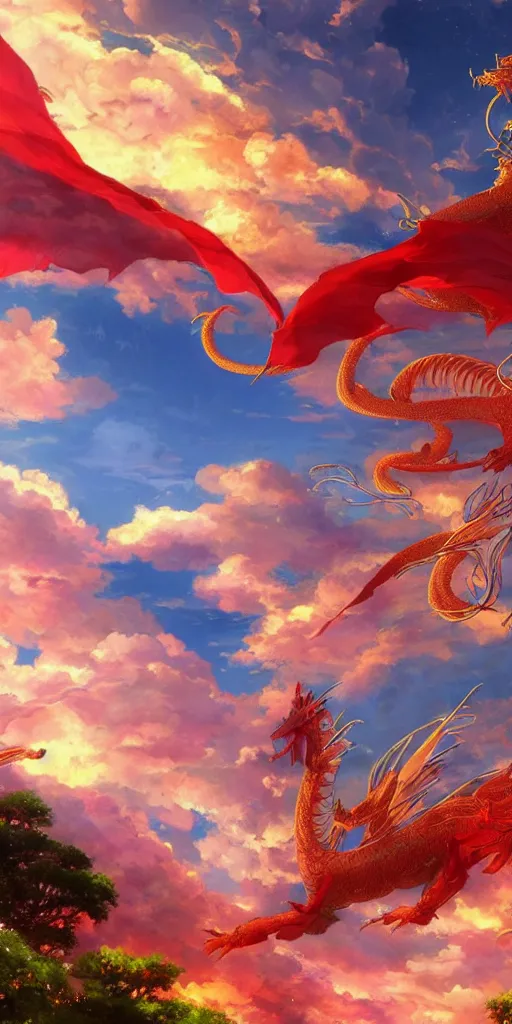 Image similar to golden paper + an intricate dragon hide in the clouds depiction + elaborate red illustration by makoto shinkai, wu daozi, very detailed, deviantart, 8 k vertical wallpaper, tropical, colorful, airy, anime illustration, anime nature wallpap