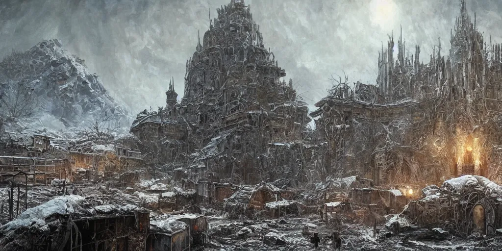 Image similar to An evil lair made from people as concept art for Metro Exodus, winter season, nuclear ash falling, flesh buildings, oil painting, painting by Viktor Vasnetsov, concept art, fantasy cityscape, brutalist architecture, painting by Ivan Shishkin and Alphonse Mucha, hyperborea, high resolution, trending on artstation,