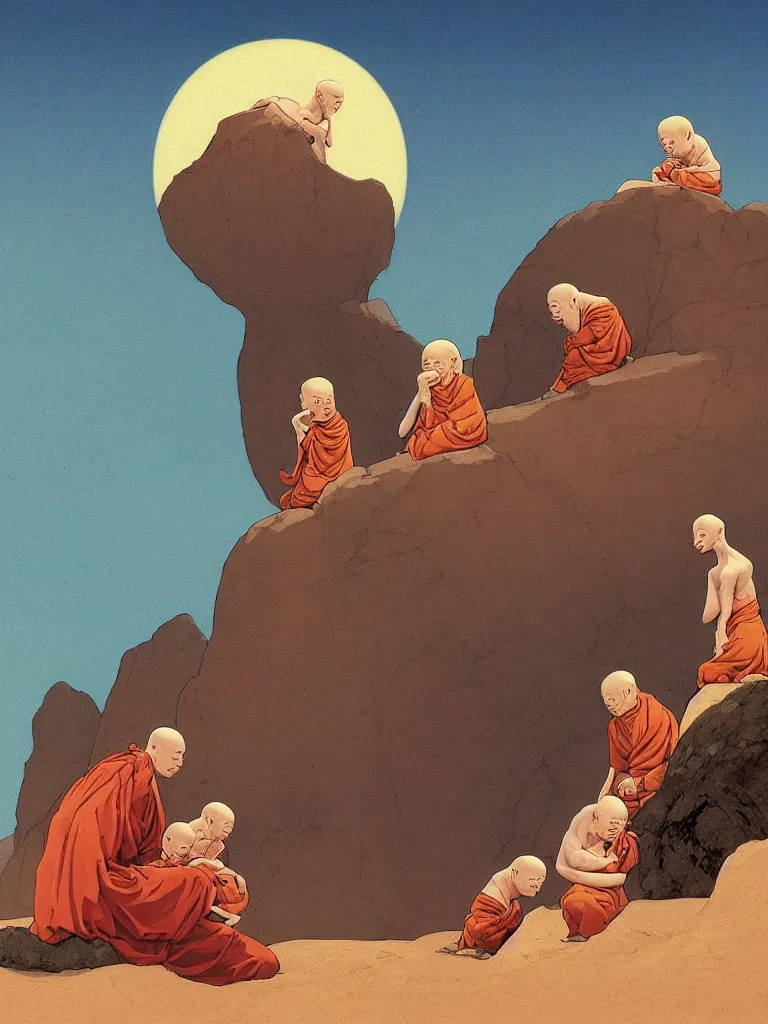 Image similar to weird strange albino monks vampires holding sphynx cats in a strange eerie mountain landscape, by kawase hasui, moebius, edward hopper, colorful flat surreal design, dramatic lighting, hd, 8 k, artstation