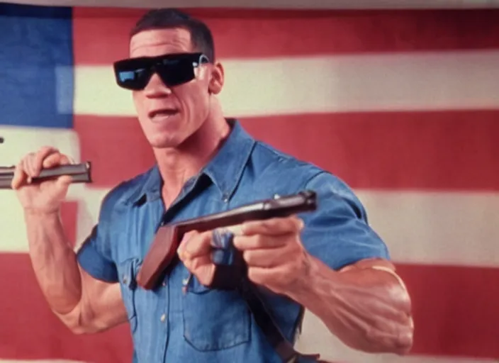 Prompt: film still of John Cena as Nada wearing a flannel shirt and sunglasses and holding a shotgun with a bandolier in Bank scene with a marble pillar behind him and a hanging american flag on a pole in They Live 1988