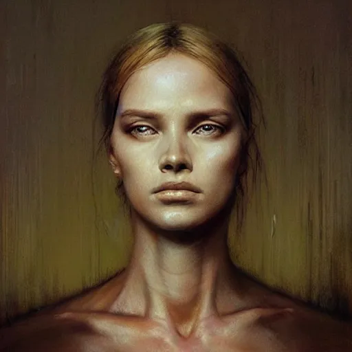 Image similar to A portrait of a woman, art by Greg Rutkowski and Zdzisław Beksiński