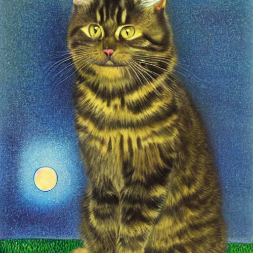 Image similar to portrait of a very fluffy dark tabby cat with green eyes, looking at the moon, full body, smiling cat, golden colors, flowers, canned cat food, intricate, elegant, highly detailed, smooth, sharp focus, illustration, art by gustav klimt