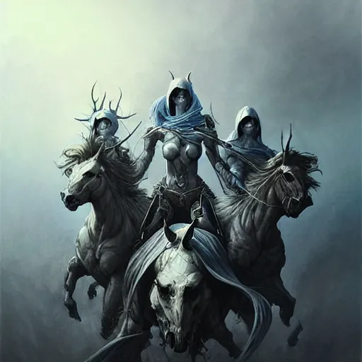 Image similar to concept art by artgerm, death of the four horsemen of the apocalypse, soft grey and blue natural light, intricate, queen of death riding, highly detailed dark art, digital painting, artstation, concept art, smooth, sharp focus, illustration, art by greg rutkowski and luis rollo and uang guangjian and gil elvgren, symmetry!