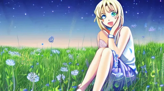 Prompt: Lucy Heartfilia sitting in a field of Ghibli Clover | Big Moon at Night | GLOWING FLOWERS | strong blue rimlit | visual-key | anime illustration | highly detailed | in the style of Anmi