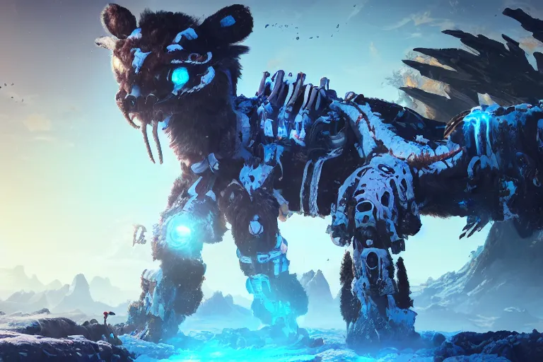 Image similar to frostclaw machine mecanical creature robot of horizon forbidden west horizon zero dawn bioluminiscence global illumination ray tracing hdr fanart arstation by ian pesty and alena aenami artworks in 4 k