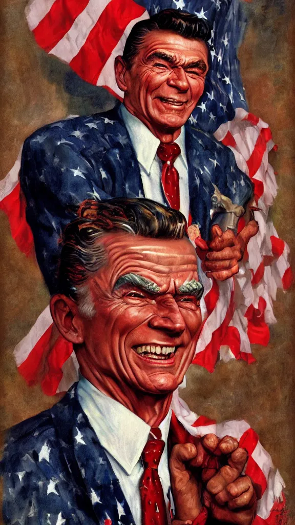 Image similar to ronald regan dressed as satan, painting in the style of norman rockwell, 1 9 5 0 s, evil, hyperrealistic, photorealistic, award - winning, 4 k, ultra hd, artstation, intricate, highly detailed, patriotic, american, usa, dark, gritty