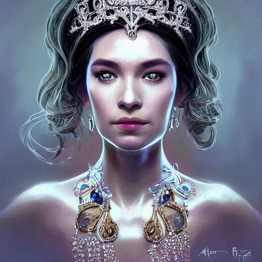 Image similar to portrait of a grey alien aristocrat wearing jewelry, a tiara, diamonds, confident, pretty, intricate, headshot, highly detailed, digital painting, artstation, concept art, sharp focus, cinematic lighting, illustration, art by artgerm and greg rutkowski, alphonse mucha, cgsociety