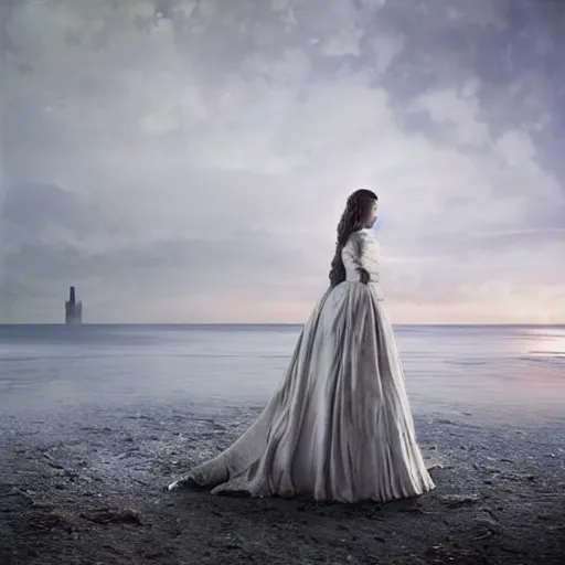 Prompt: Southern Gothic scene of a bride looking the distant shore, painted by Michal Karcz