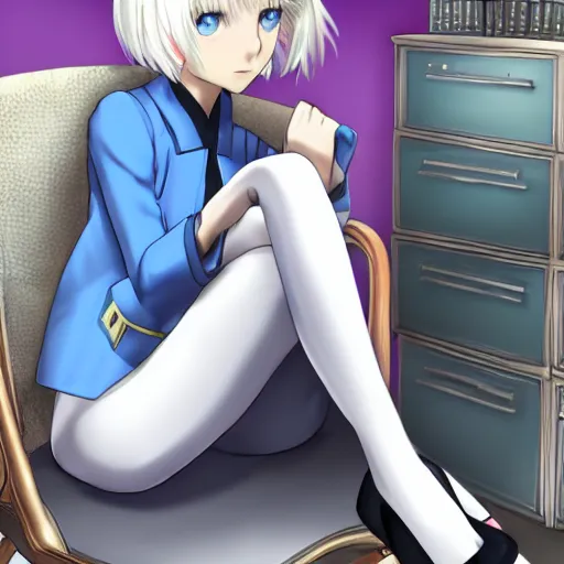 Prompt: platinum - blonde - haired long bob cut blue - eyed princess wearing white leggings and black jacket, sitting in bolshevik office, anime hd, highly detailed, hyperrealistic lighting