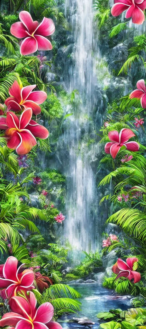 Image similar to cascading concept art of an exotic garden with waterfall pools, and flowers and palm trees, plumeria, hibiscus, detailed, highly detailed, aesthetic, realistic, hyper realism, colorful, in depth, intricate,