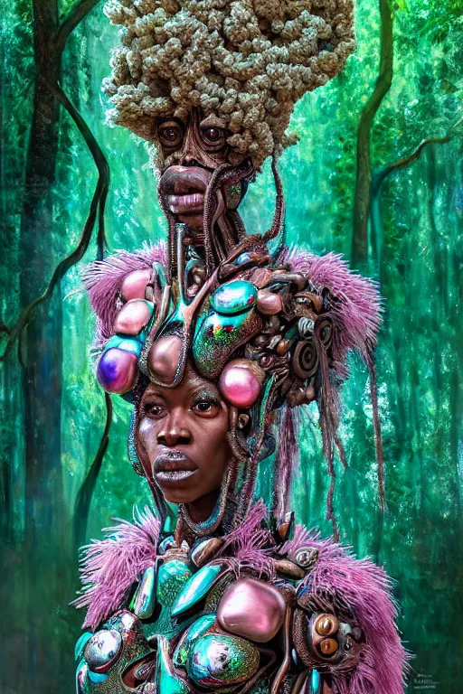 Image similar to hyperrealistic post - maximalist masterpiece super expressive! yoruba goddess with exoskeleton armor, merging with tree in a forest, highly detailed digital art cinematic, smooth cam de leon eric zener dramatic pearlescent soft teal pink light, ground angle hd 8 k, sharp focus