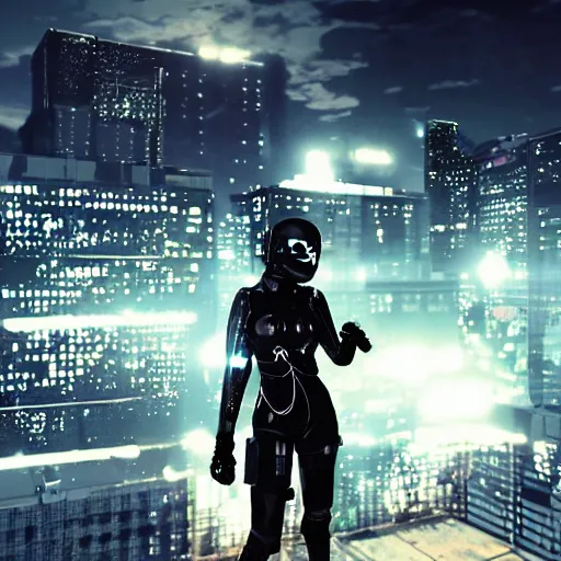 Prompt: A post apocalyptic comic book style of a warrior girl wearing black & cyber suit, fighting on rooftop Tokyo cyberpunk feel night, dramatic light, rim light, unreal engine render, octane render, hyperrealism
