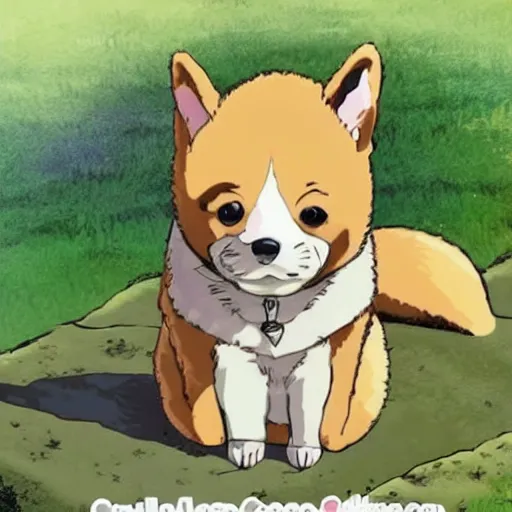 Image similar to an adorable corgi totoro, scenic landscape background, beautiful, anime, ghibli