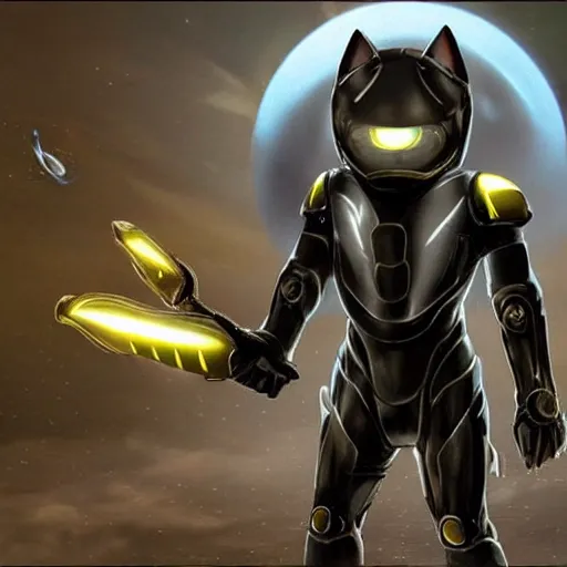 Image similar to humanoid with cat-like features in futuristic space armor with force fields, yellow eyes, teeth that protrude past the lower lip and fine grayish fur on their faces and backs of their hands and carrying weapons, octane,
