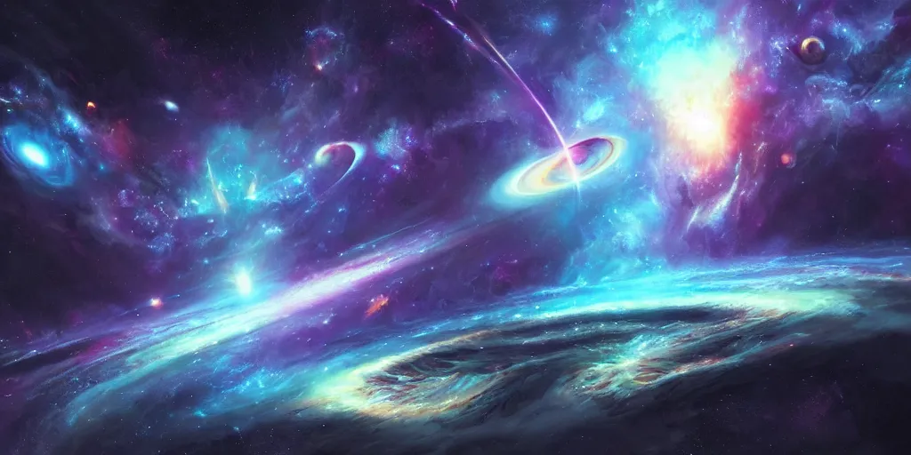 Image similar to galactic diffusion forming an entire universe with its thoughts, concept art, digital illustration, trending on artstation, deviantart, artgerm, epic composition, masterpiece, highly detailed, advanced technique, ambient lighting, wlop, ross draws