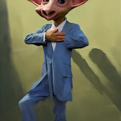 Image similar to greg manchess portrait of dobby the house holding the body of a man in a blue suit over his head, organic painting, sunny day, matte painting, bold shapes, hard edges, street art, trending on artstation, by huang guangjian, gil elvgren, ruan jia, randy vargas, greg rutkowski