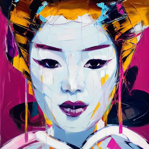 Image similar to portrait of geisha, silver and gold by francoise nielly