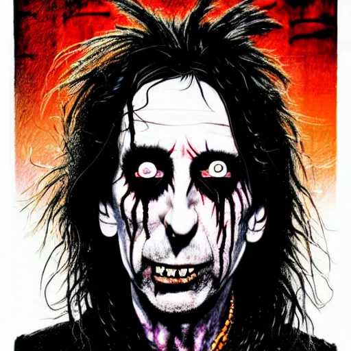 Image similar to graphic illustration, creative design, alice cooper as rob zombie, biopunk, francis bacon, highly detailed, hunter s thompson, concept art