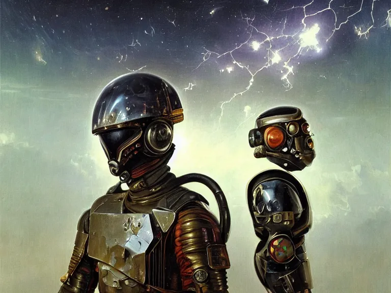 Image similar to a detailed profile oil painting of a lone bounty hunter in space armour and visor, cinematic sci-fi poster. technology flight suit, bounty hunter portrait symmetrical and science fiction theme with lightning, aurora lighting clouds and stars by beksinski carl spitzweg and tuomas korpi. baroque elements. baroque element. intricate artwork by caravaggio. Trending on artstation. 8k
