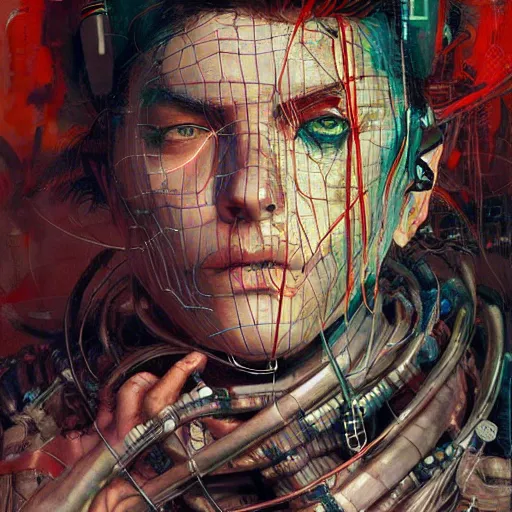 Prompt: male cyberpunk hacker dream thief mayan jaguar warrior, wires cybernetic implants, in the style of adrian ghenie, esao andrews, jenny saville, surrealism, dark art by james jean, takato yamamoto