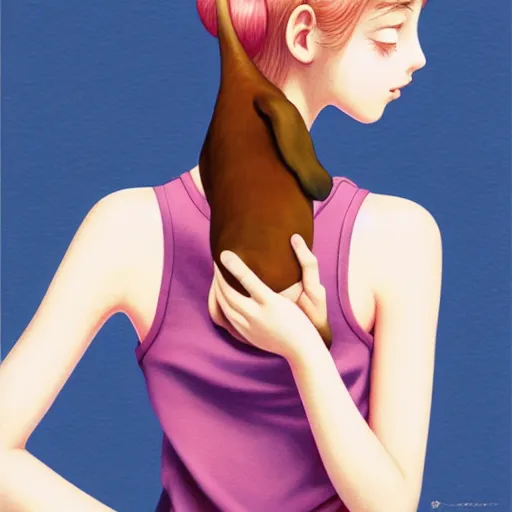 Image similar to richly detailed color  illustration of a dainty pretty young woman wearing a tank top, 'My pet dachshund' is the theme, very soft shadowing, smooth textures, large scale image. art by Range Murata.