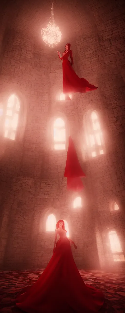 Image similar to woman with red hair and white gown stands in the middle of the castle room emitting a red light. Octane Render, Unreal engine, Realism, Detailed, 8k, V-Ray