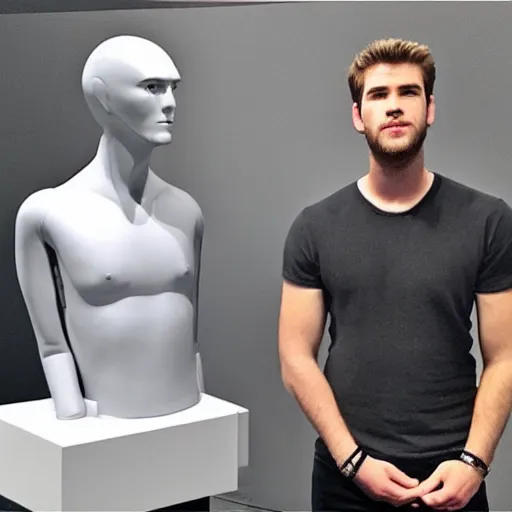 Image similar to “a realistic detailed photo of a guy who is an attractive humanoid who is half robot and half humanoid, who is a male android, actor Liam Hemsworth, shiny skin, posing like a statue, blank stare, at the museum, on display”