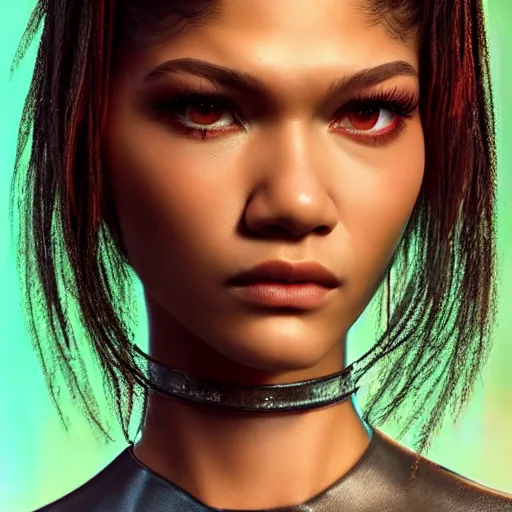 Image similar to full-length portrait of beautiful cyber beautiful Zendaya, cyberpunk, close-up, photorealistic, octane render, 35mm, beautiful big symmetric eyes, coherent, 4k, Unreal Engine, intricate details, concept art, volumetric lighting, trending or artstation, award winning, beautiful scenery, ray tracing