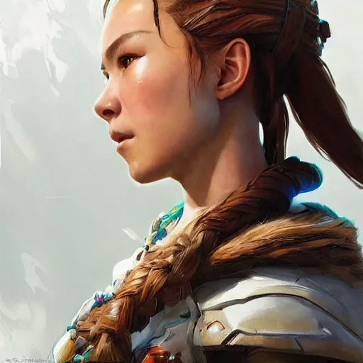 Prompt: Aloy from Horizon: Zero Dawn, side view portrait, strong woman, videogame character, highly detailed, digital painting, artstation, concept art, smooth, sharp focus, beautiful face, expressive eyes, illustration, art by Artgerm and greg rutkowski and alphonse mucha