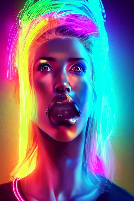 Image similar to a award winning half body portrait of a beautiful woman with stunning eyes in a croptop and cargo pants with rainbow colored ombre hairstyle head in motion and hair flying by thomas danthony, surrounded by whirling illuminated neon lines, outrun, vaporware, shaded flat illustration, digital art, trending on artstation, highly detailed, fine detail, intricate