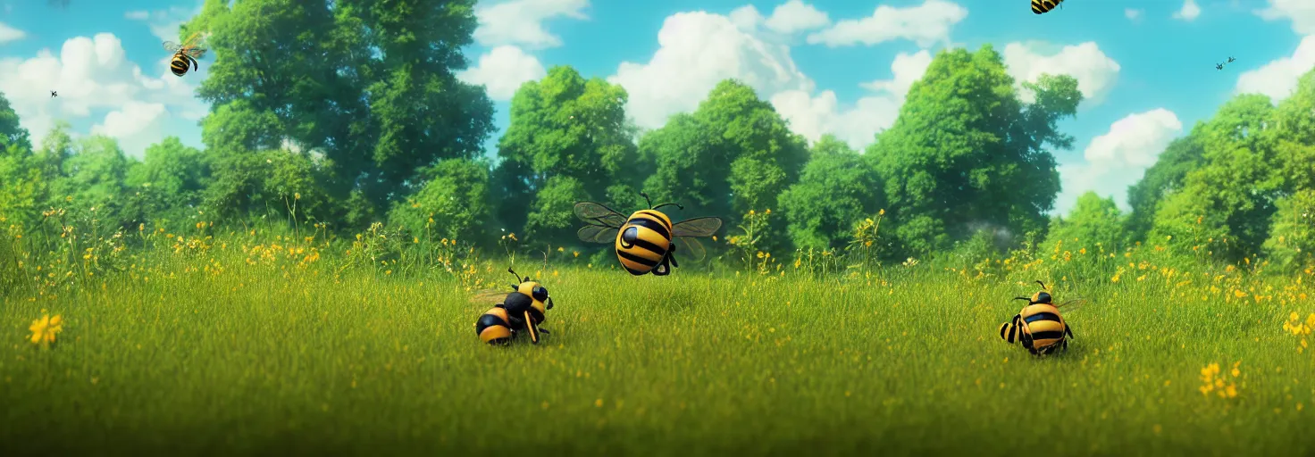 Image similar to large cute bee flying to crimson - black cute bee art school, in a beautiful forest meadow village landscape, flowers, happy trees, photorealistic, octane render, rtx, hdr, unreal engine, digital art widescreen 8 k, studio ghibli, disney, wlop