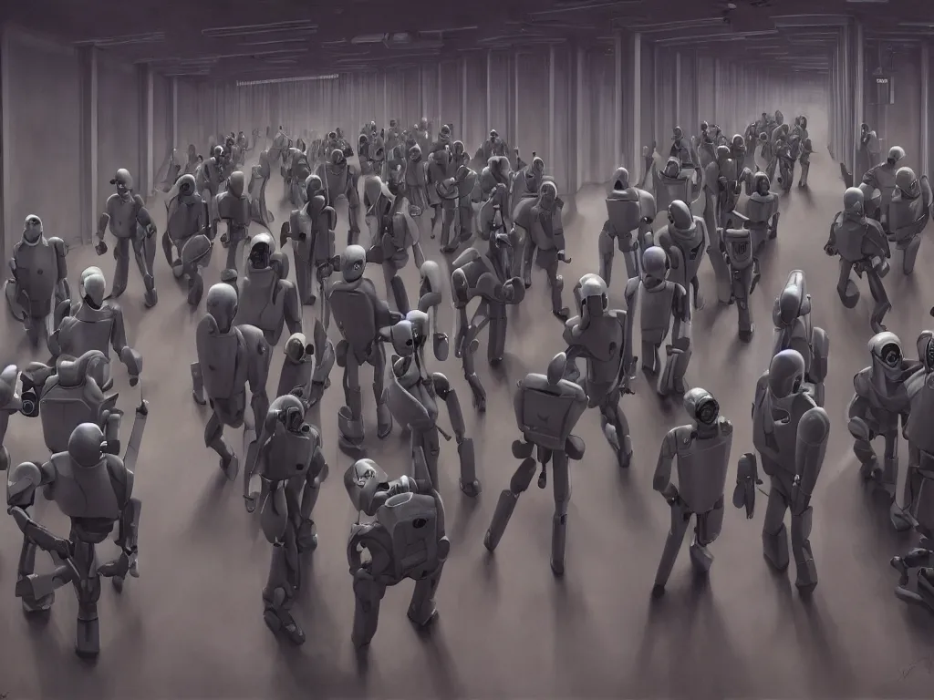 Image similar to authoritarian robot cops herd young men into security cells in a fascist police state, art by manuel sanjuian and george tooker and james paick, cinematic, spooky science fiction, digital illustration, 8 k resolution, hyperrealism