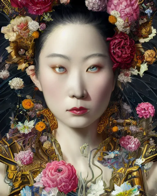 Image similar to portrait of the japanese queen of the underworld, surrounded by flowers by karol bak, james jean, tom bagshaw, rococo, sharp focus, trending on artstation, cinematic lighting, hyper realism, octane render, 8 k, hyper detailed.