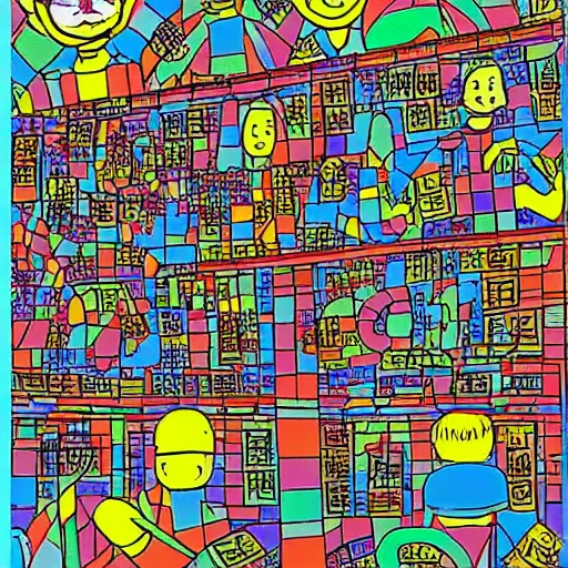 Image similar to a chinese prison, in the style of daniel johnston and outsider art, 8 k, line brush, minimal, brightly coloured, flat blocks of color, overlaid with chinese adverts