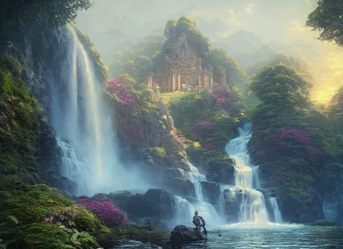 Prompt: a beautiful picture of waterfall in full bloom, rocks, giant palace, giant monk meditate, close up, golden ratio, perfect symmetrical, greg rutkowski, thomas kinkade, artstation